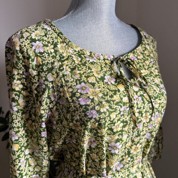Vintage Prairie Boho Western Midi Dress - Dizy Floral Green/Yellow/Pink - Picture 2 of 10